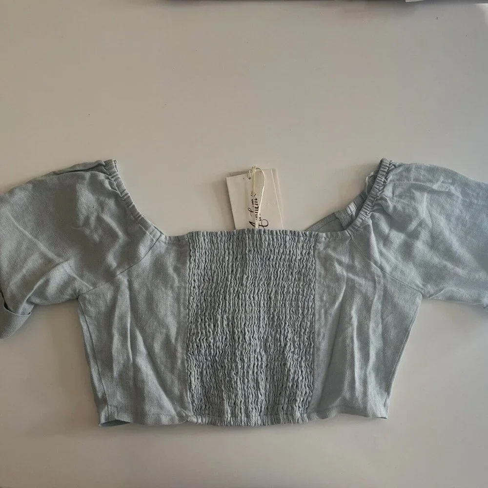 Arnhem blue linen Chloe top in skyla size 10 new with tags button deatailed crop - Picture 7 of 7